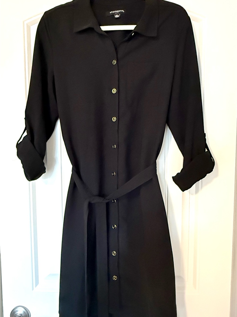 Sharagano Black Button-Front Midi Shirt Dress with Tie Belt
